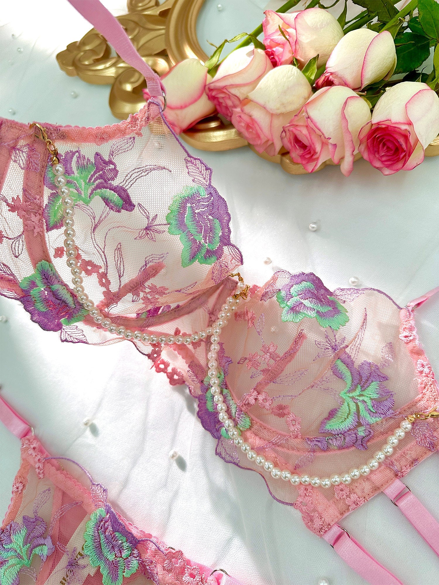 Pink Floral Embroidery Pearl Chain Lingerie Set