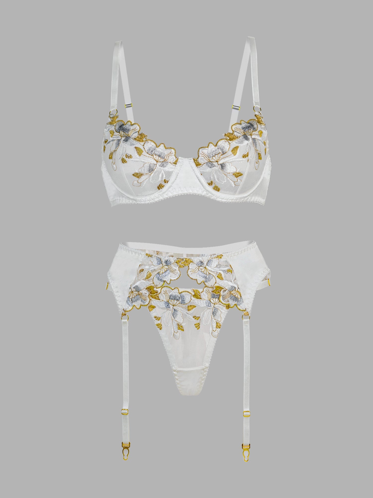 White &Gold Thread Embroidered Lingerie Set
