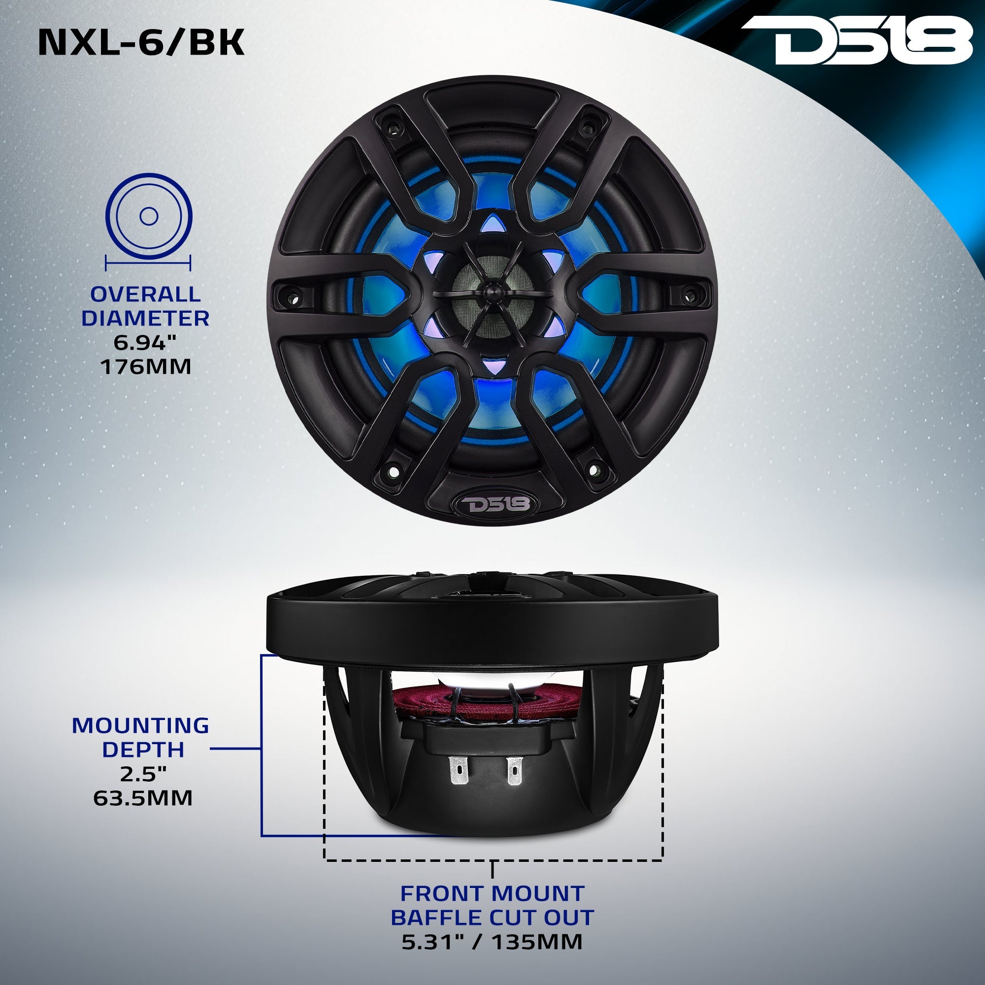 NXL 6.5" 2-Way Coaxial Marine Speaker With LED RGB Lights 100 Watts Rms 4-Ohm -Black
