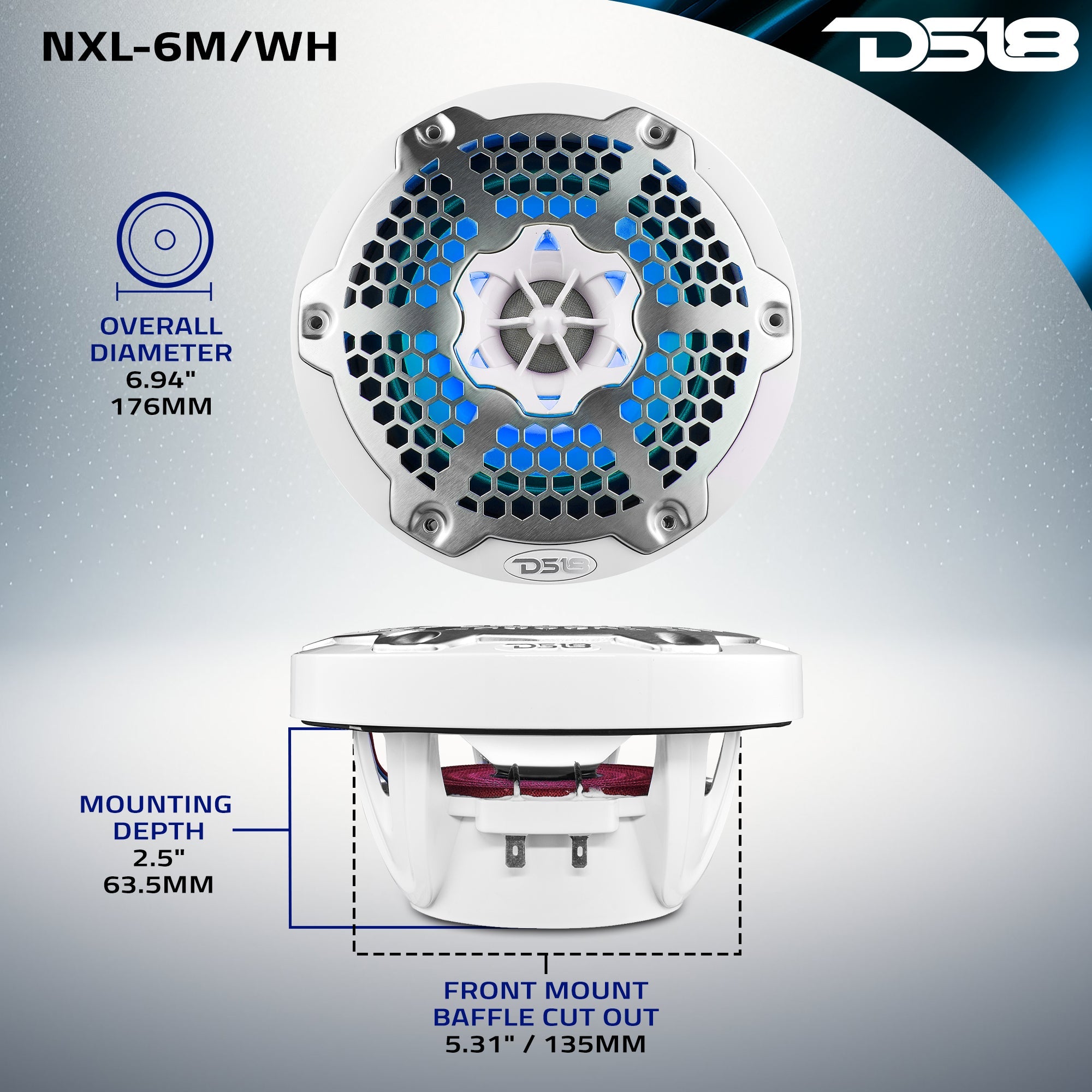 NXL 6.5" 2-Way Coaxial Marine Speaker With LED RGB Lights 100 Watts Rms 4-Ohm - White