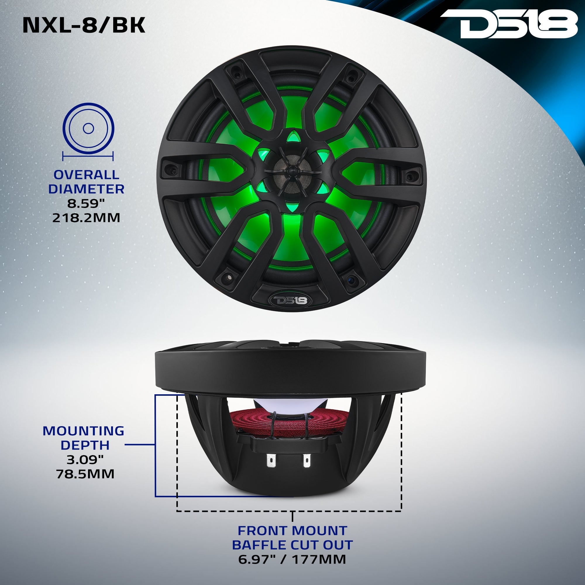 NXL 8" 2-Way Coaxial Marine Speaker With LED RGB Lights 125 Watts Rms 4-Ohm - Black