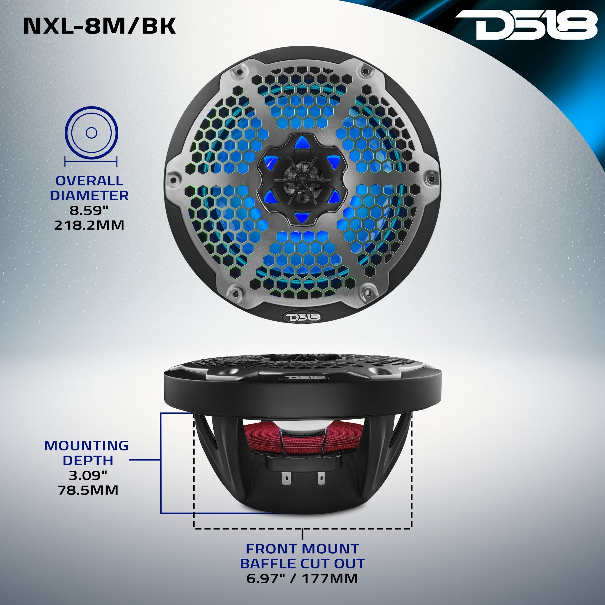 NXL 8" 2-Way Coaxial Marine Speaker With LED RGB Lights 125 Watts Rms 4-Ohm -Black