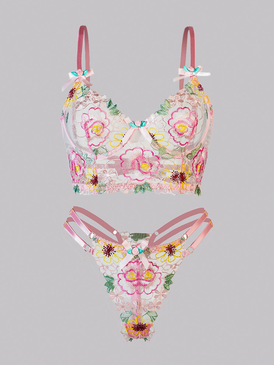 Pink Floral Embroidery  Lingerie Set
