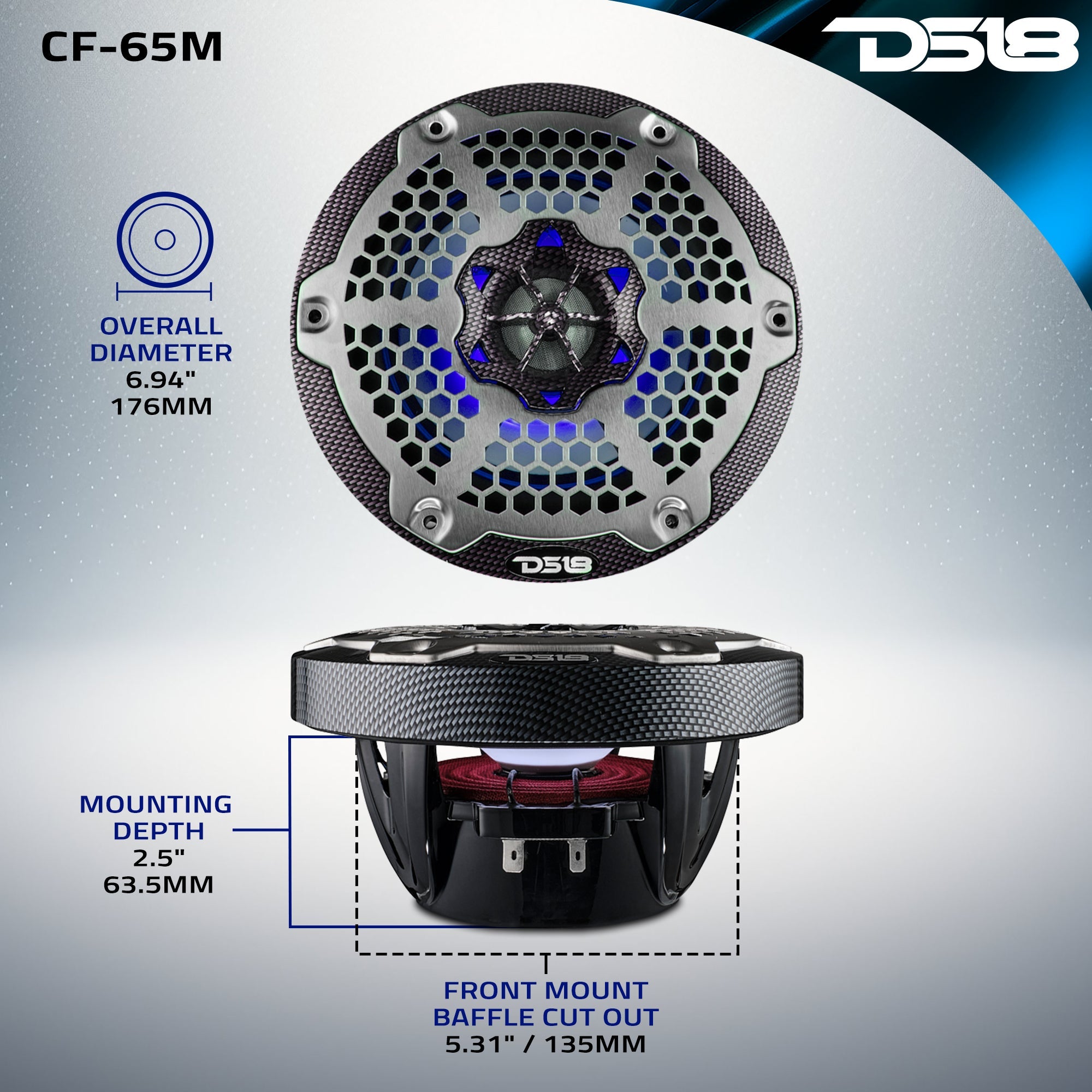 NXL 6.5" 2-Way Coaxial Marine Speaker With LED RGB Lights 100 Watts Rms 4-Ohm - Black Carbon Fiber