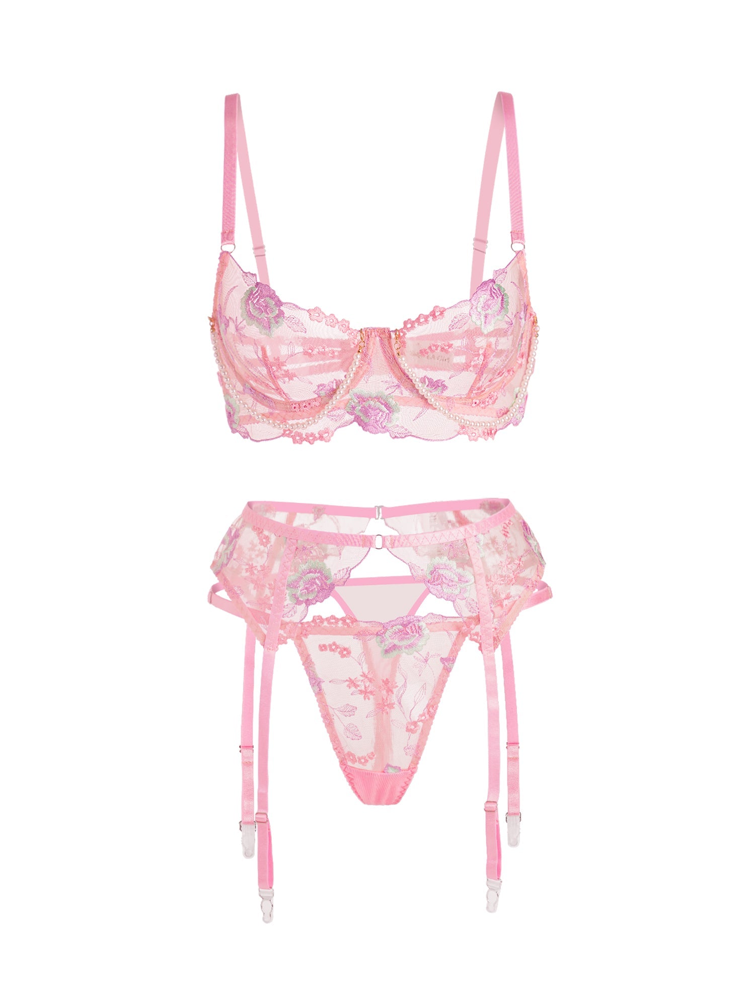Pink Floral Embroidery Pearl Chain Lingerie Set