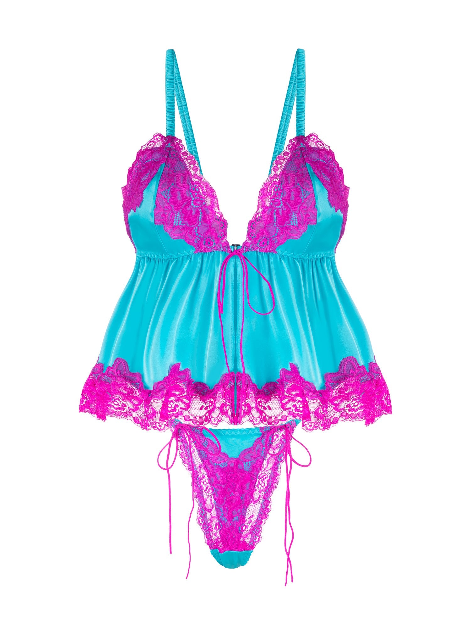 Pink Lace & Blue Silk Contrast Lingerie Set