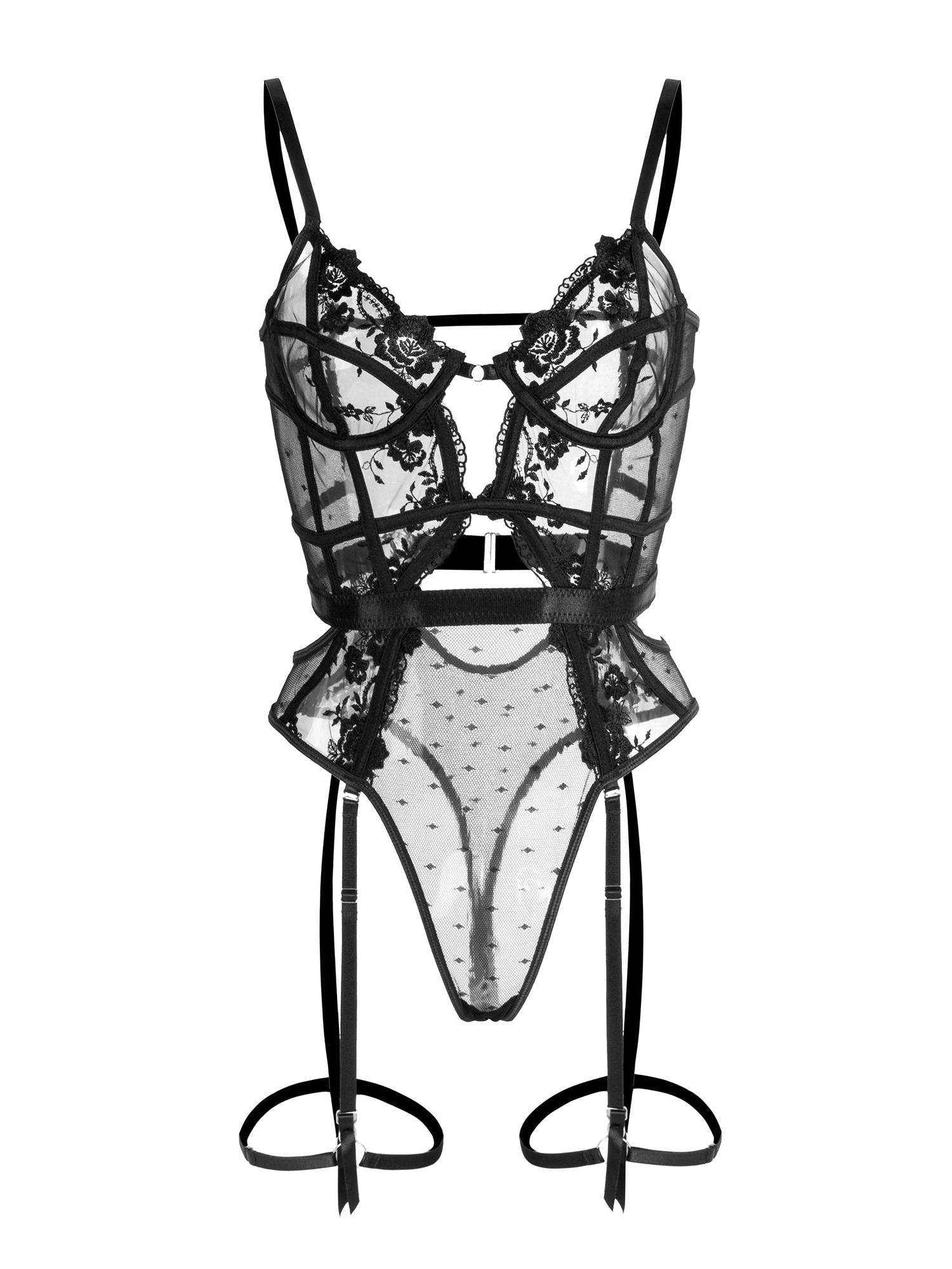 Solid Elegant Embroidered Lace Bodysuit