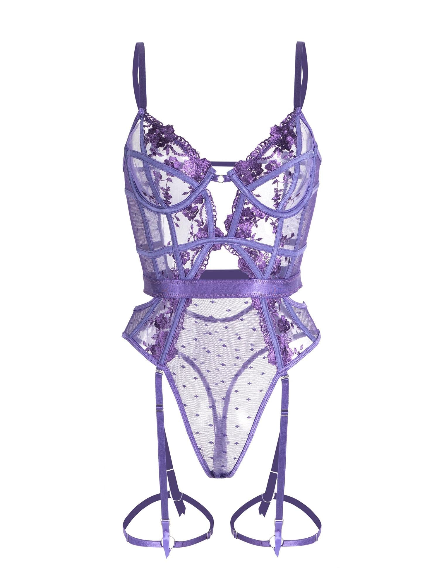 Purple Solid Elegant Embroidered Lace Bodysuit