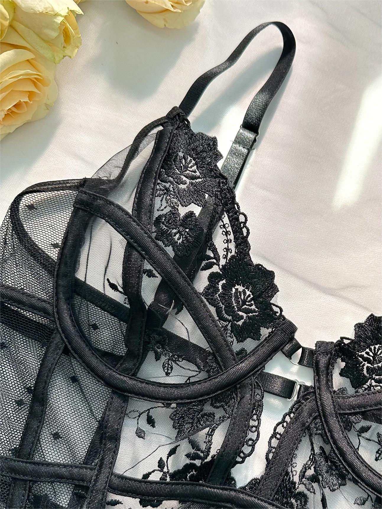 Solid Elegant Embroidered Lace Bodysuit