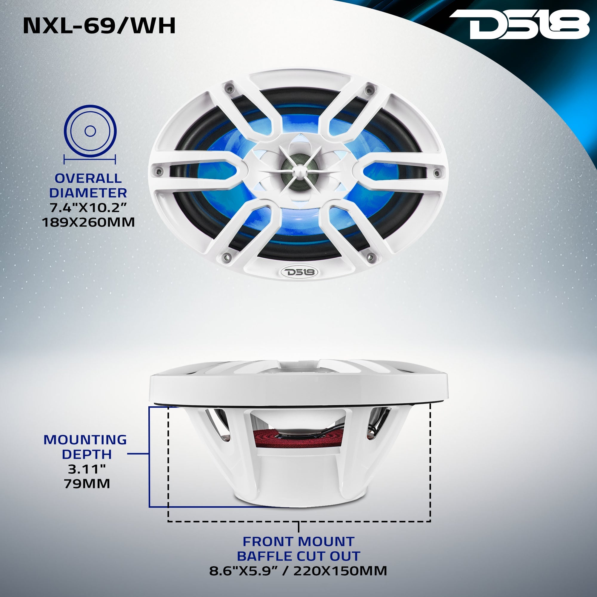 NXL 6x9" 2-Way Coaxial Marine Speaker With LED RGB Lights 125 Watts Rms 4-Ohm -White