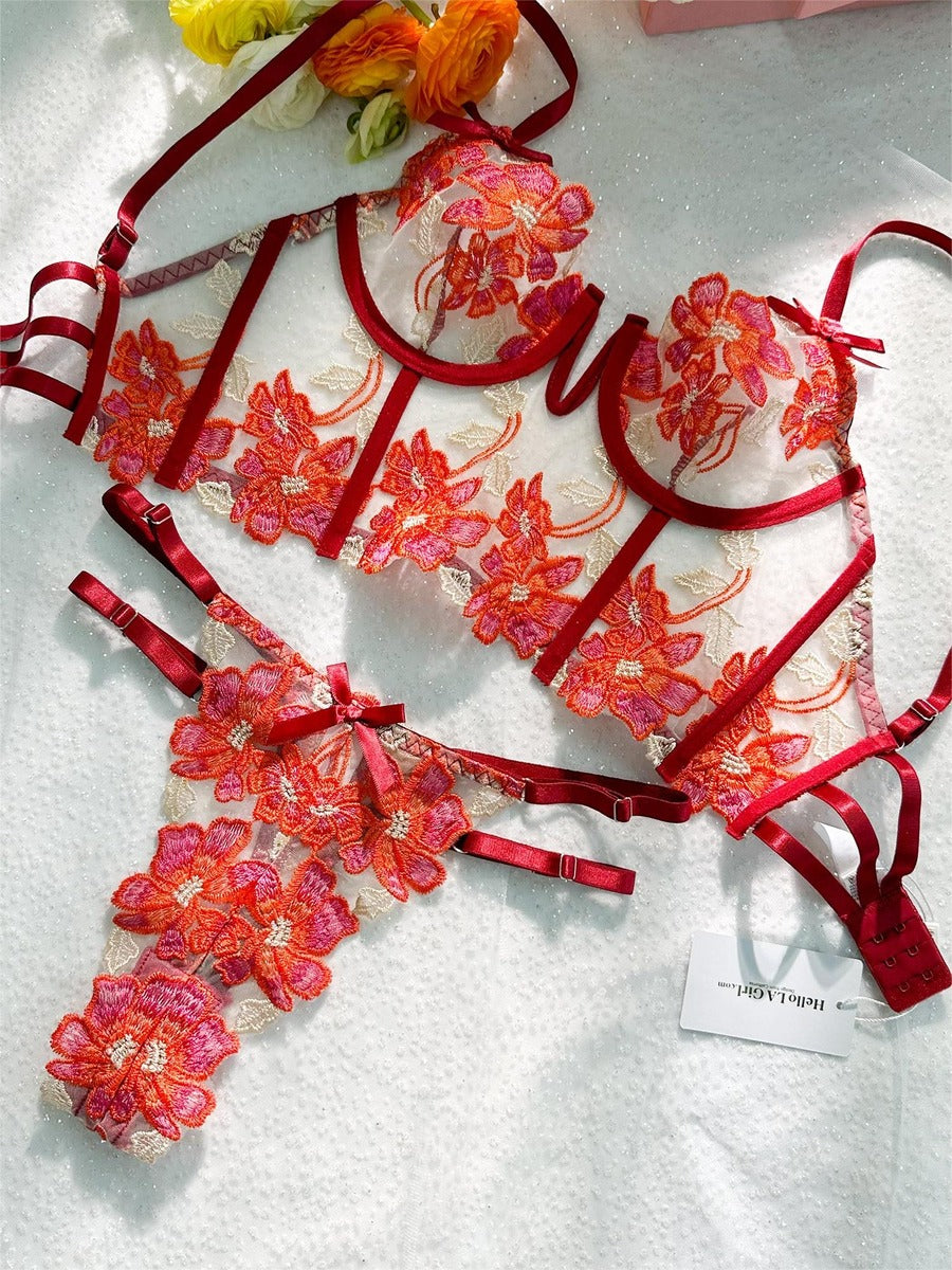 Red Floral Embroidery Bustier Straps Lingerie Set