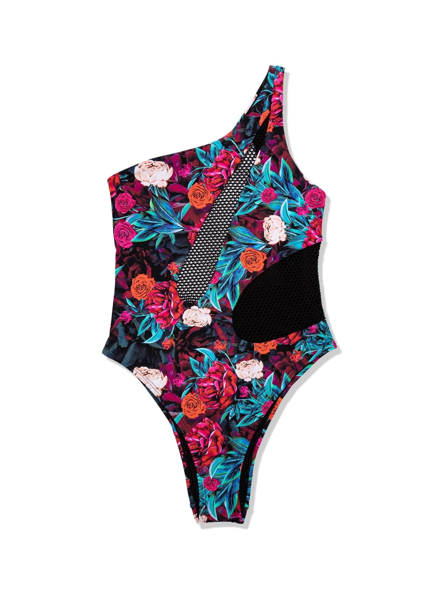 Kara Mesh One Shouder One Piece Swimsuit - Rose Blossom Floral Print